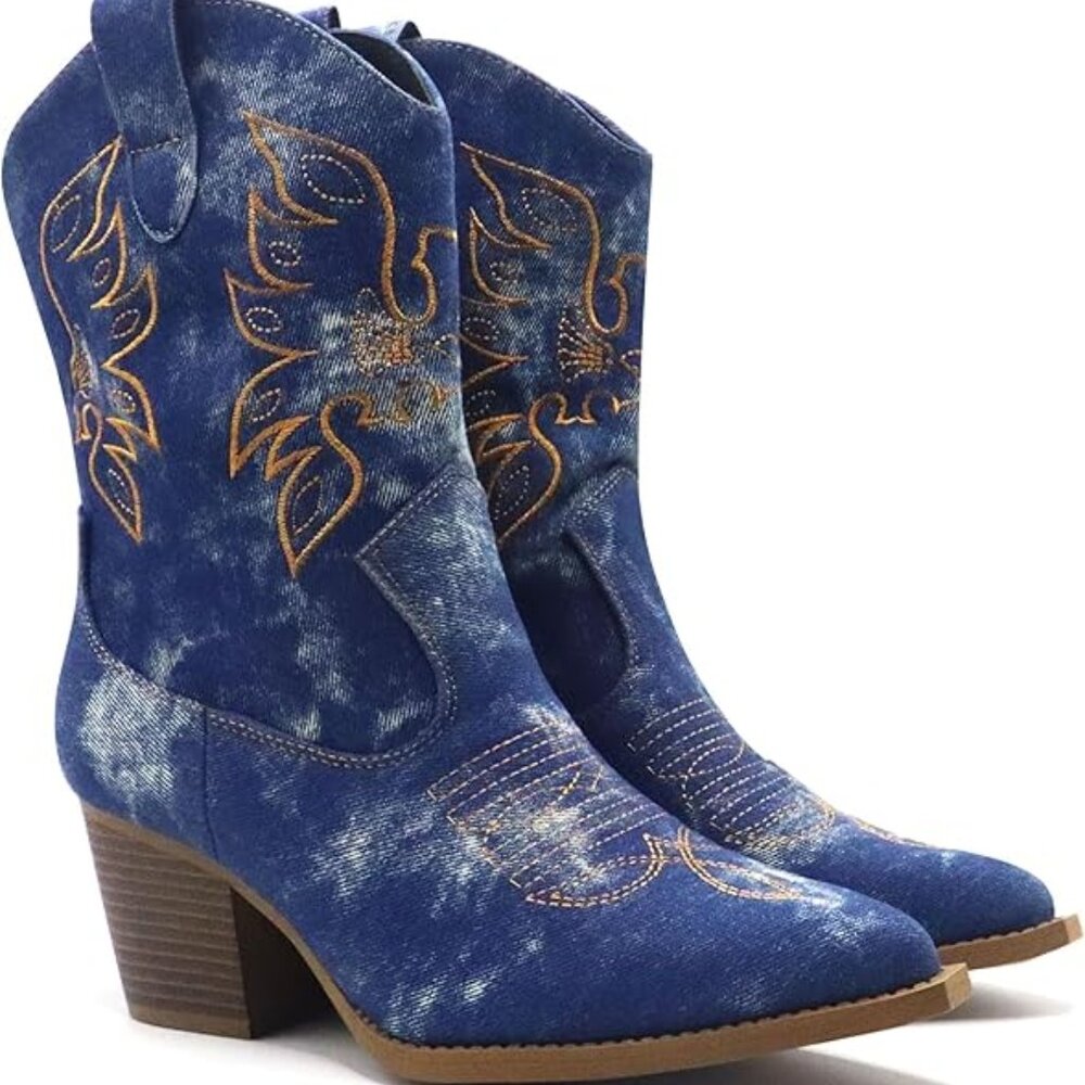 NEW! Women Cowgirl Mid Calf Western Embroidered Boot Blue